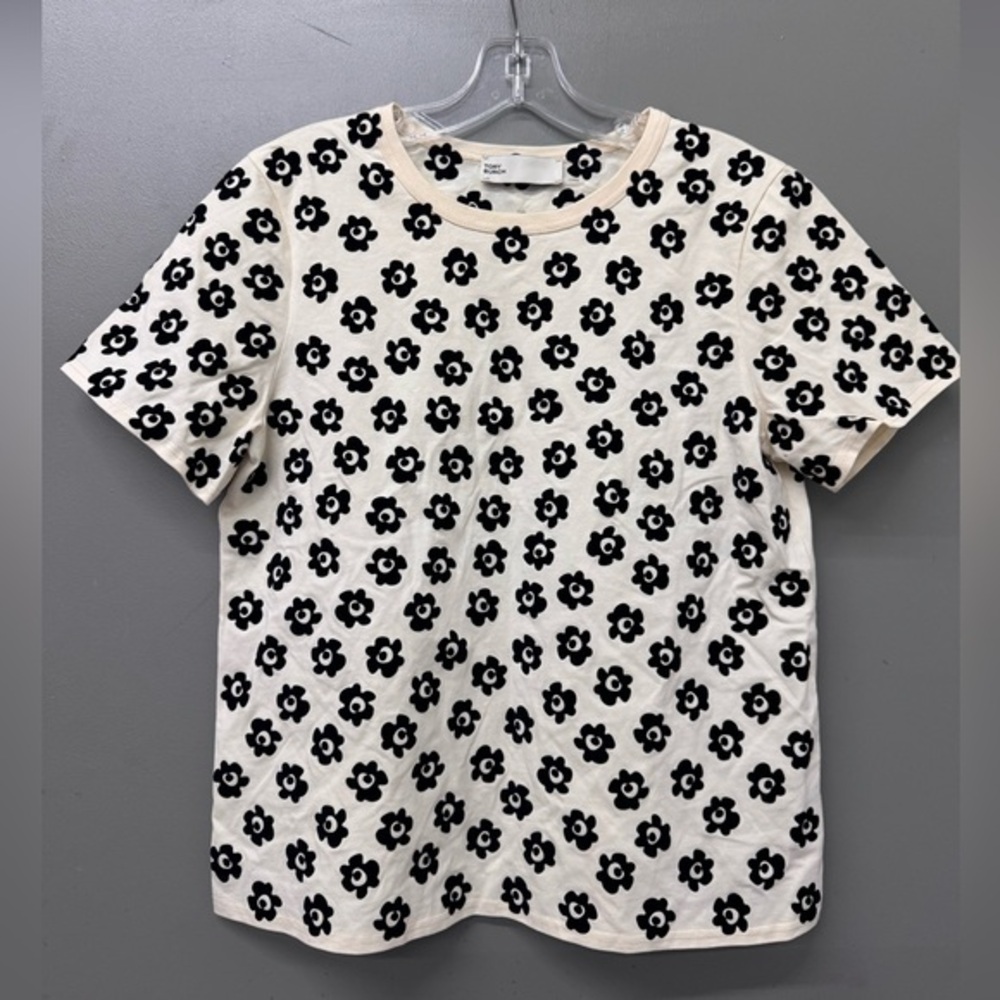 TORY BURCH‎ Flocked Flower Stencil T-shirt In French Cream/black size small